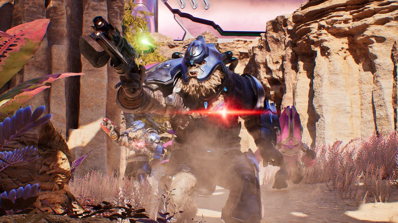 Fegyveres Brute ront a játékosra egy sziklás völgyben a Halo: Campaign Evolvedben