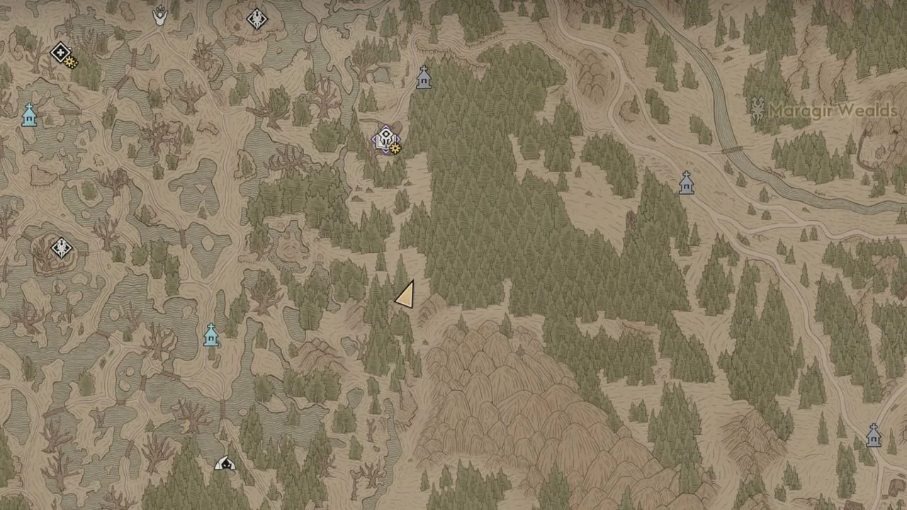 The Blood of Dawnwalker térkép: Briar Sloughs keleti része, a jelölő a Tatzelwurm-barlangnál, ahol a nagy gyík vedlése van