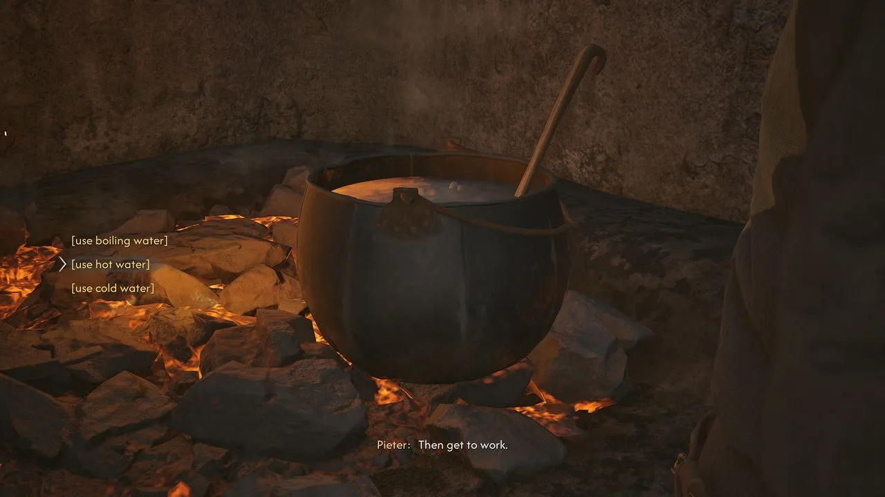 The Blood of Dawnwalker - üst a parázs fölött, mellette a [use boiling water] / [use hot water] / [use cold water] párbeszédválasztás, a kurzor a hot wateren