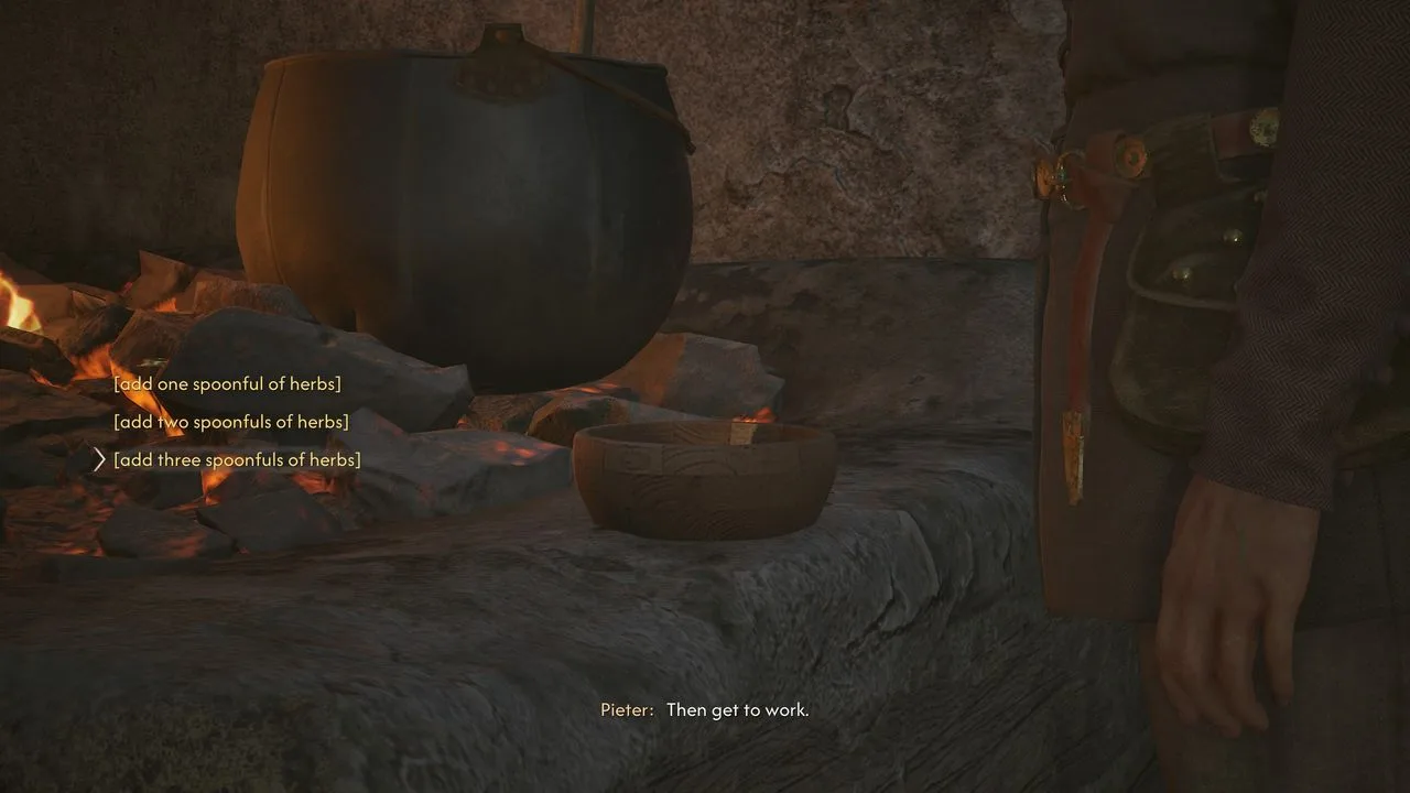 The Blood of Dawnwalker - fatálka szárított gyógynövénnyel az üst mellett, a [add one/two/three spoonfuls of herbs] választás, a kurzor a three spoonfulson