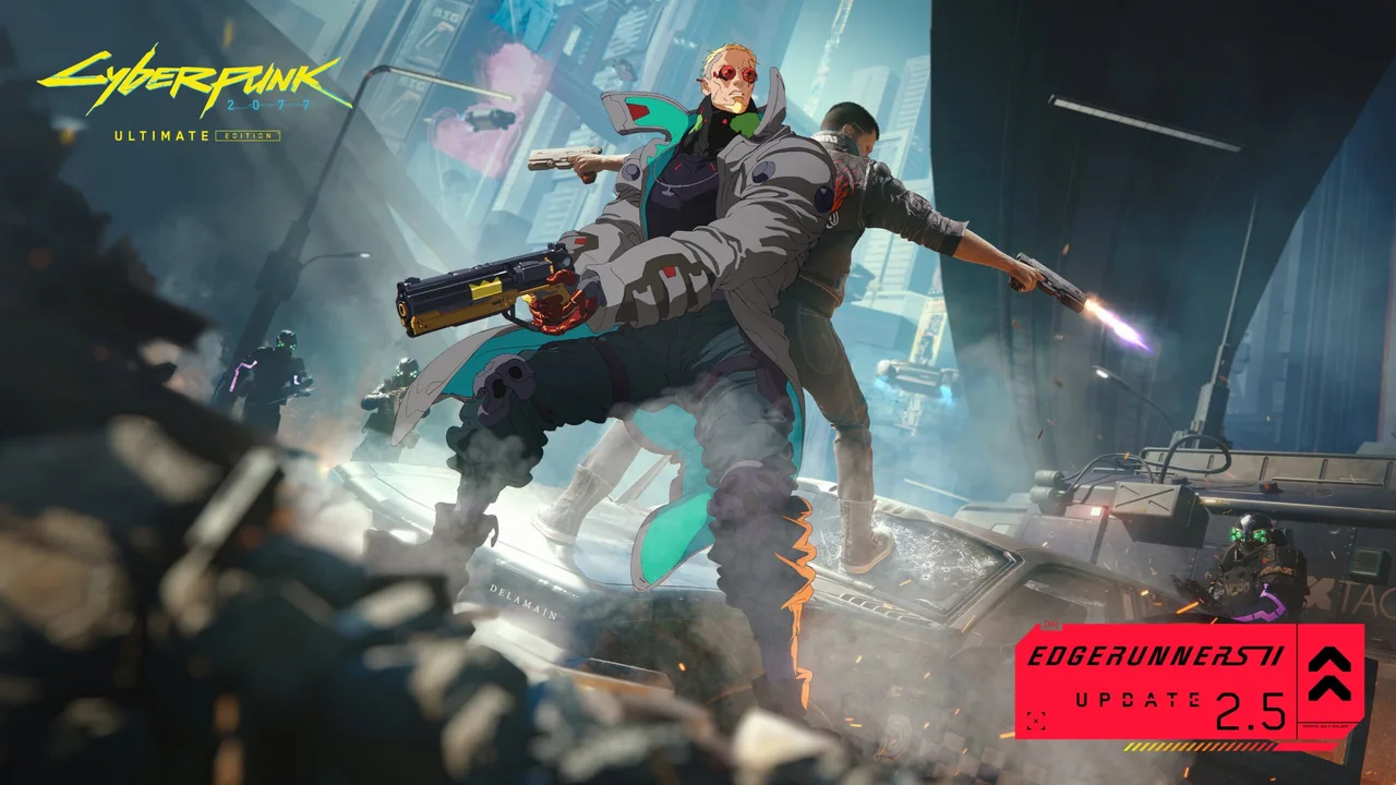 A Cyberpunk 2077 Ultimate Edition és az Edgerunners Update 2.5 promóképe egy fegyveres akciójelenettel.