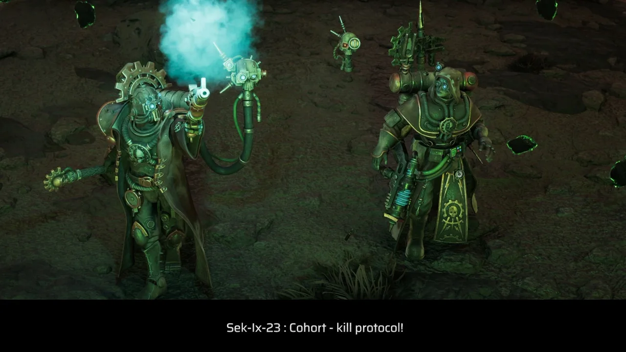 Két páncélos mechanikus alak áll sötét zöld fényben, alul a felirat: 'Sek-lx-23: Cohort - kill protocol!'