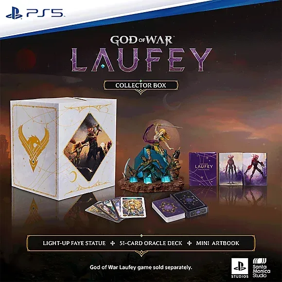 God of War Laufey gyűjtődoboz PS5-höz, benne szobor, kártyapakli és mini artbook