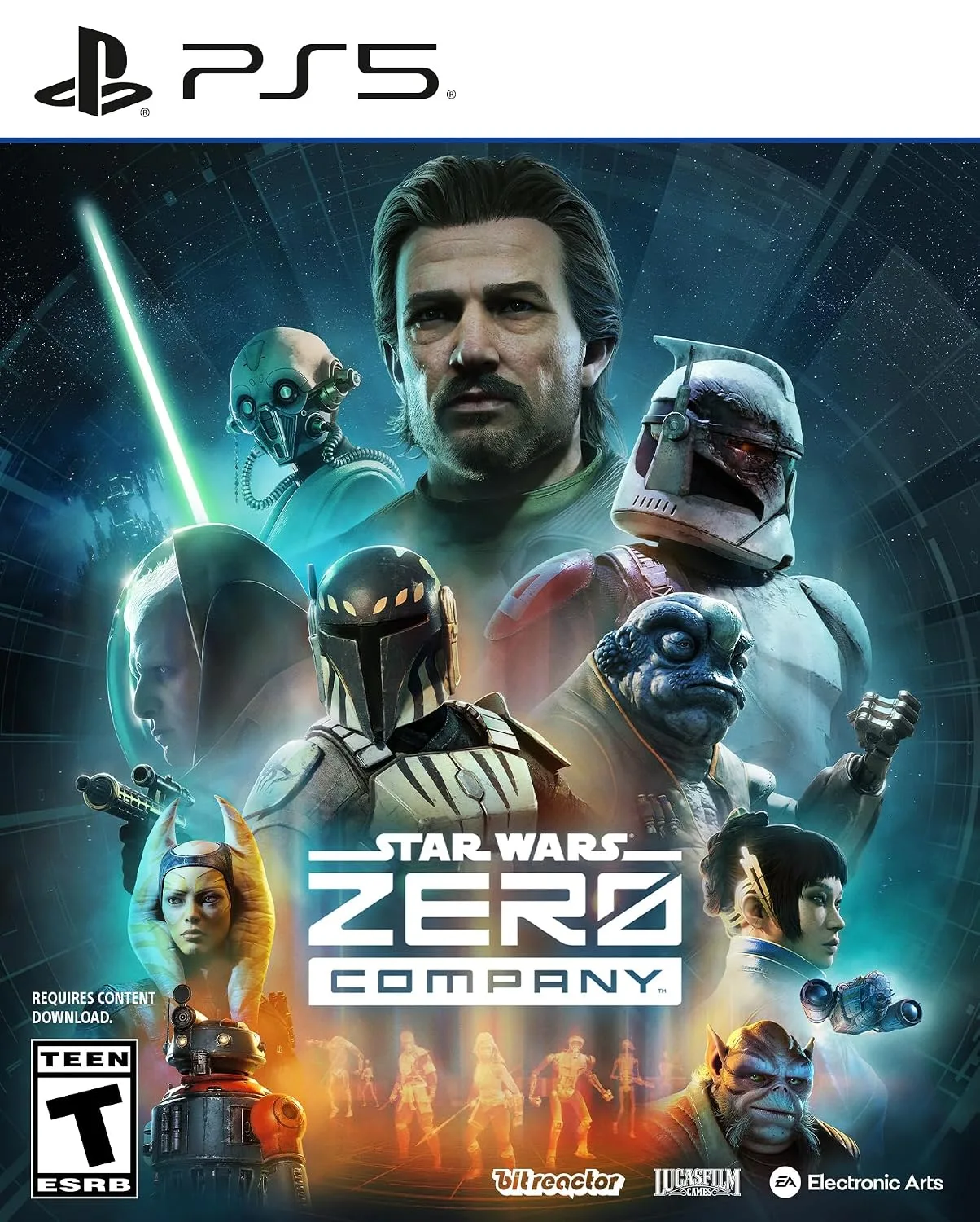 Star Wars Zero Company borító, középen egy férfi arc, körülötte több szereplő és droidok.