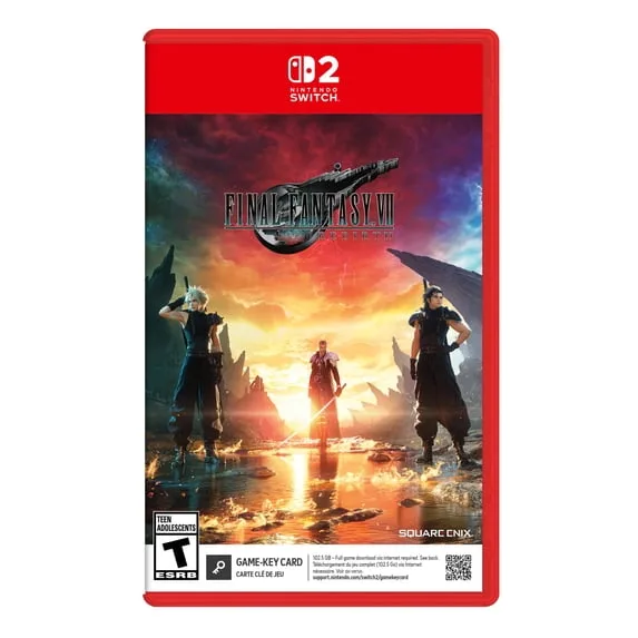 Final Fantasy VII: Ever Crisis Nintendo Switch tokja, három karakter áll naplementés táj előtt.