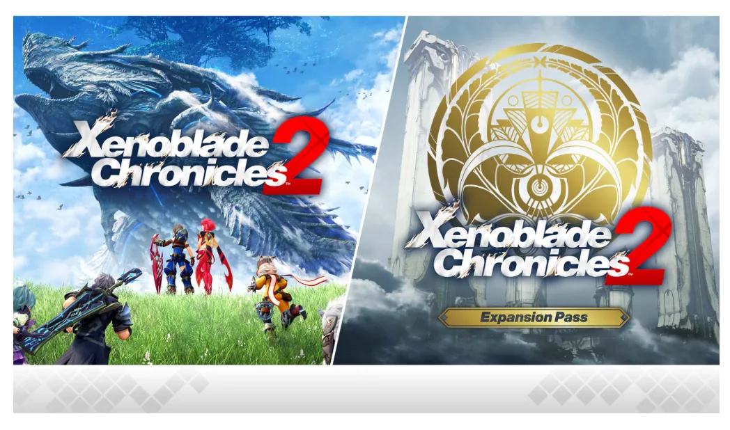 Xenoblade Chronicles 2 logója egy égben lebegő óriáslény és több szereplő előtt