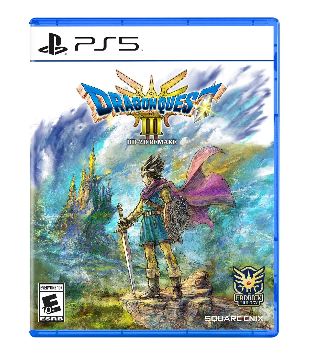 Dragon Quest III HD-2D Remake borítója egy kardot és pajzsot tartó hőssel egy táj fölött