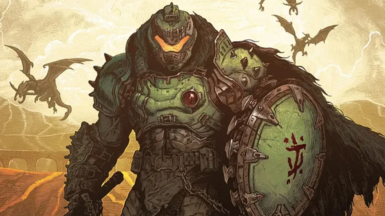Doom-szerű páncélos démonvadász áll a sivatagban, körülötte repülő démonok.