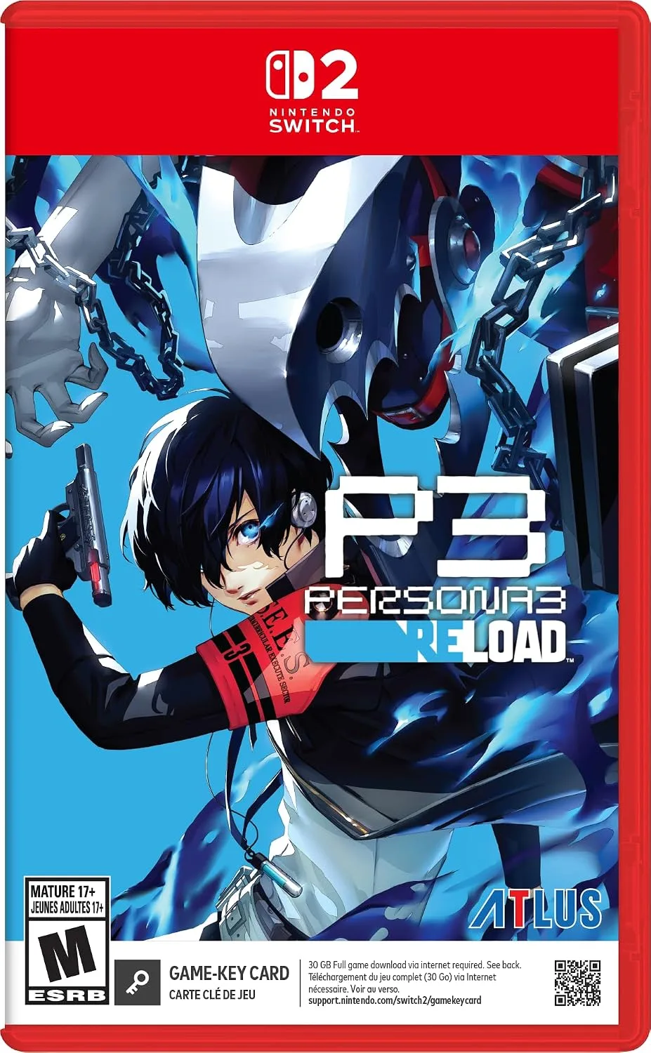 Persona 3 Reload borítóján egy fekete hajú fiú fegyverrel, mögötte nagy, gépszerű alak.