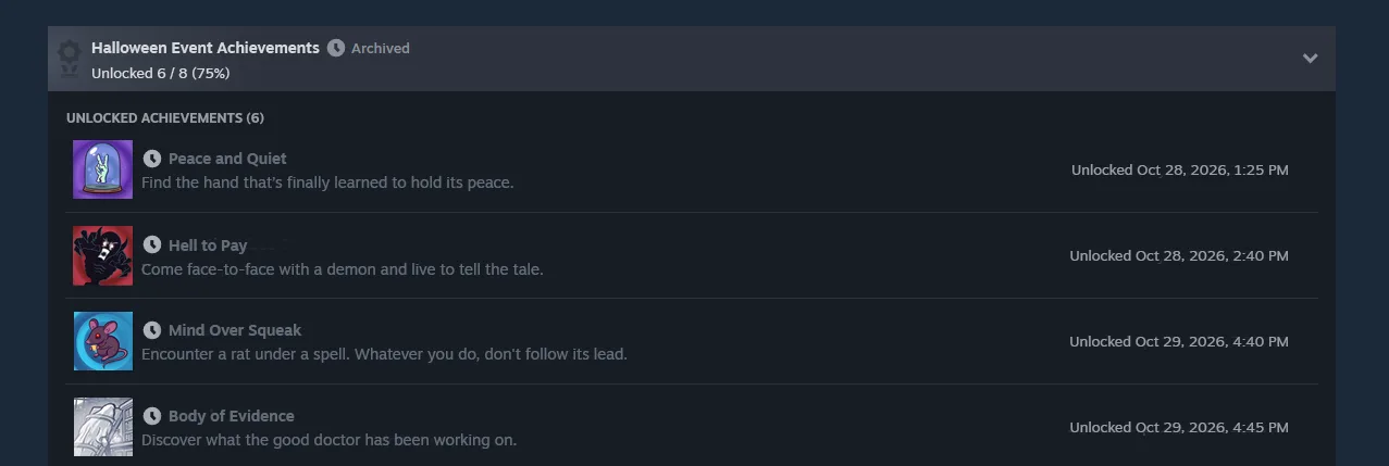 Steam-achievementek listája Halloween Event Achievements címmel, feloldott kitüntetések és dátumok sorozatával.