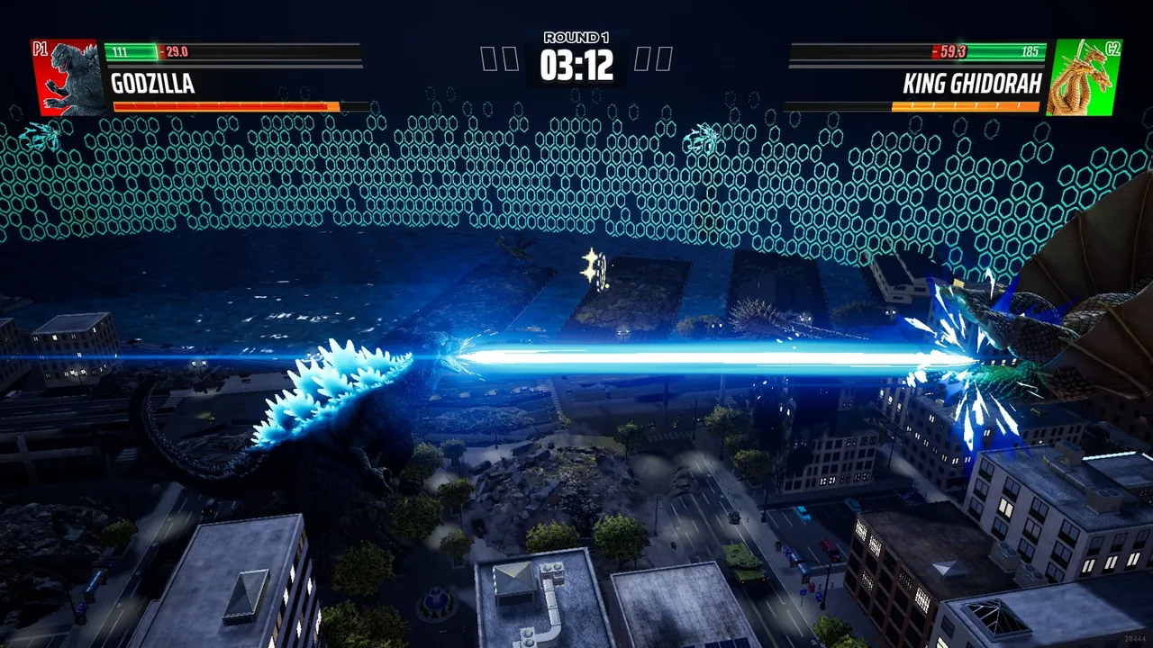 Godzilla és King Ghidorah lézersugarat lő egymásra egy éjszakai város felett a játékban.