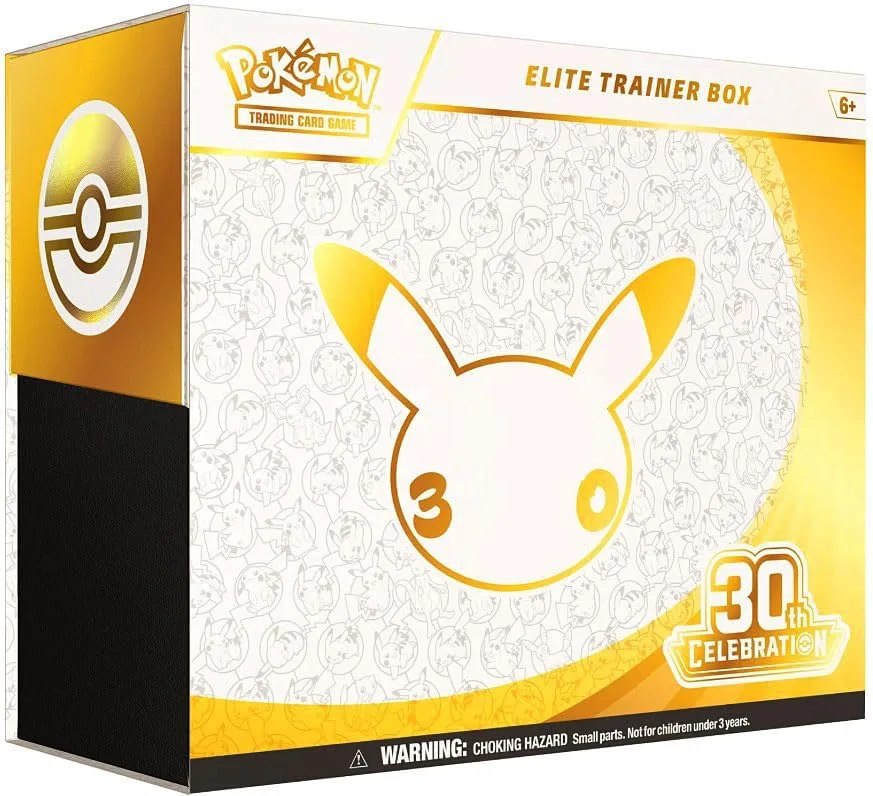Pokémon TCG 30. évfordulós Elite Trainer Box Pikachu-fejes dizájnnal és arany-fehér dobozon.