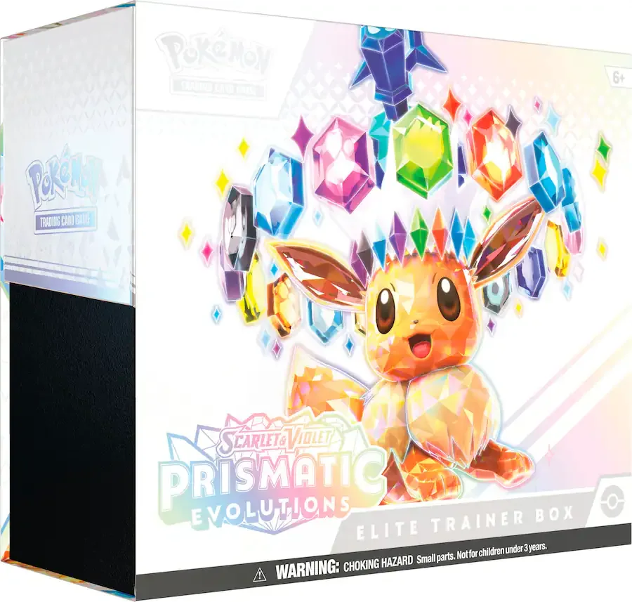 Scarlet & Violet Prismatic Evolutions Elite Trainer Box Eevee-illusztrációval és színes drágakövekkel.