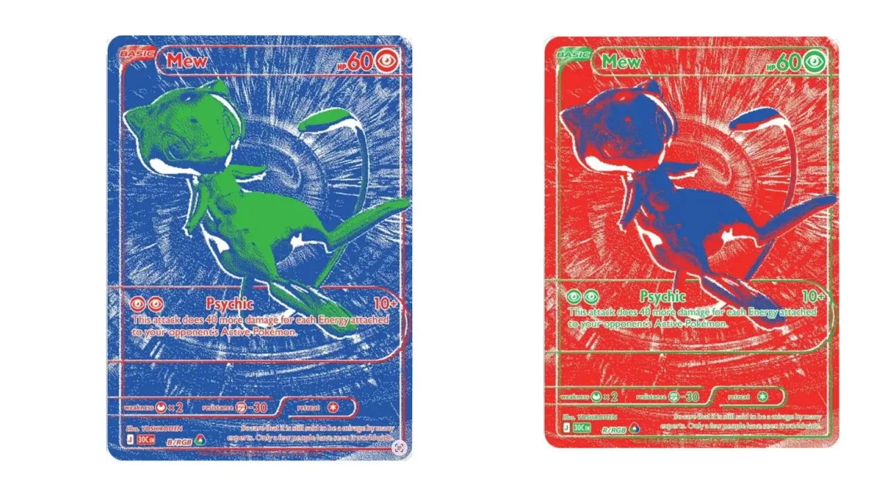 Két Pokémon-kártya látható, balra kék-zöld, jobbra piros-kék Mew grafikával.