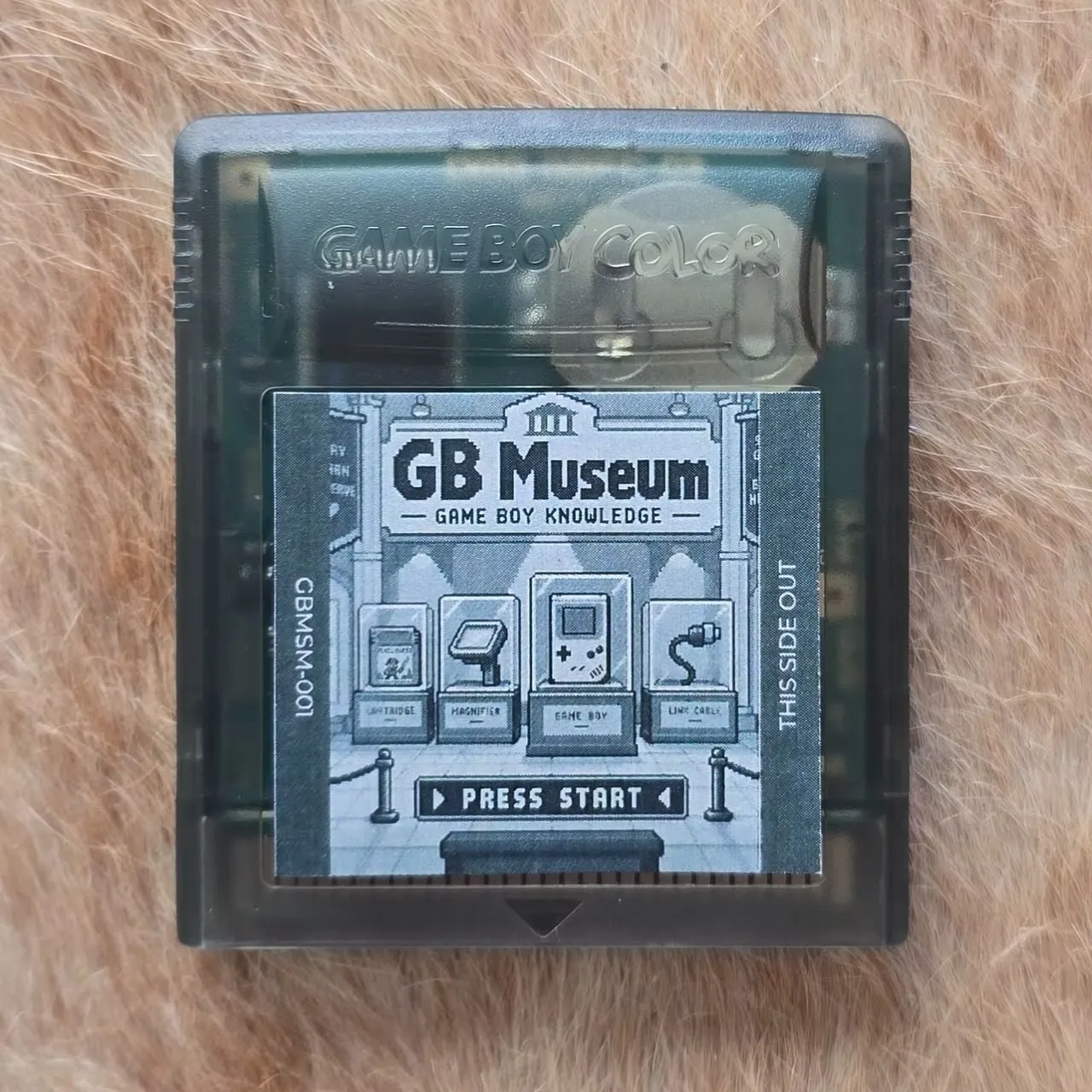 Átlátszó Game Boy Color kazetta, rajta a GB Museum címkéjével.
