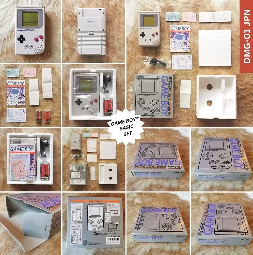 Game Boy Basic Set és tartozékai több nézetben, a dobozzal és kézikönyvekkel.