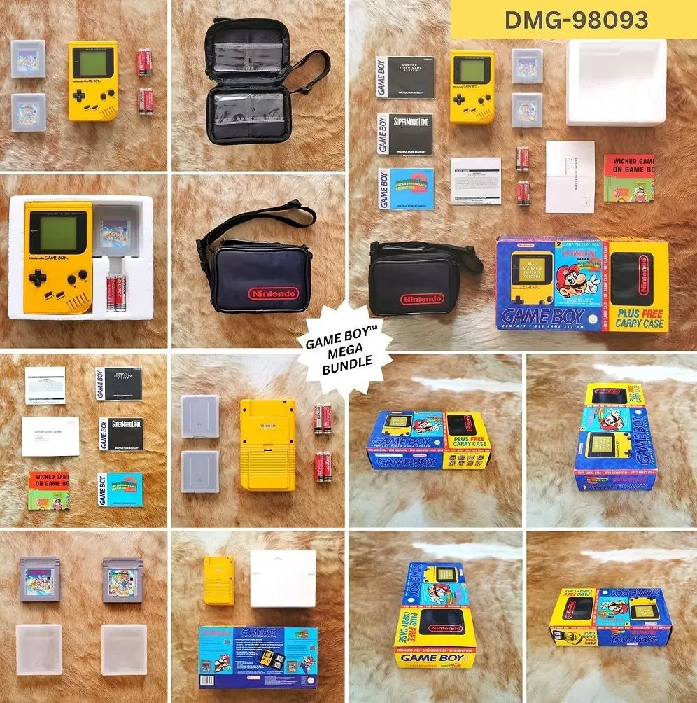 Sárga Game Boy Mega Bundle készlet több tartozékkal, dobozzal és tokokkal.