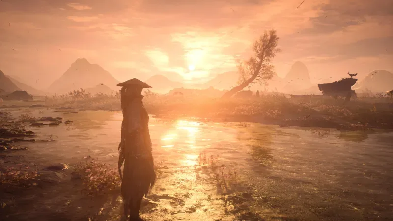 Phantom Blade Zero játékos alakja áll egy naplementés, vizes tájon