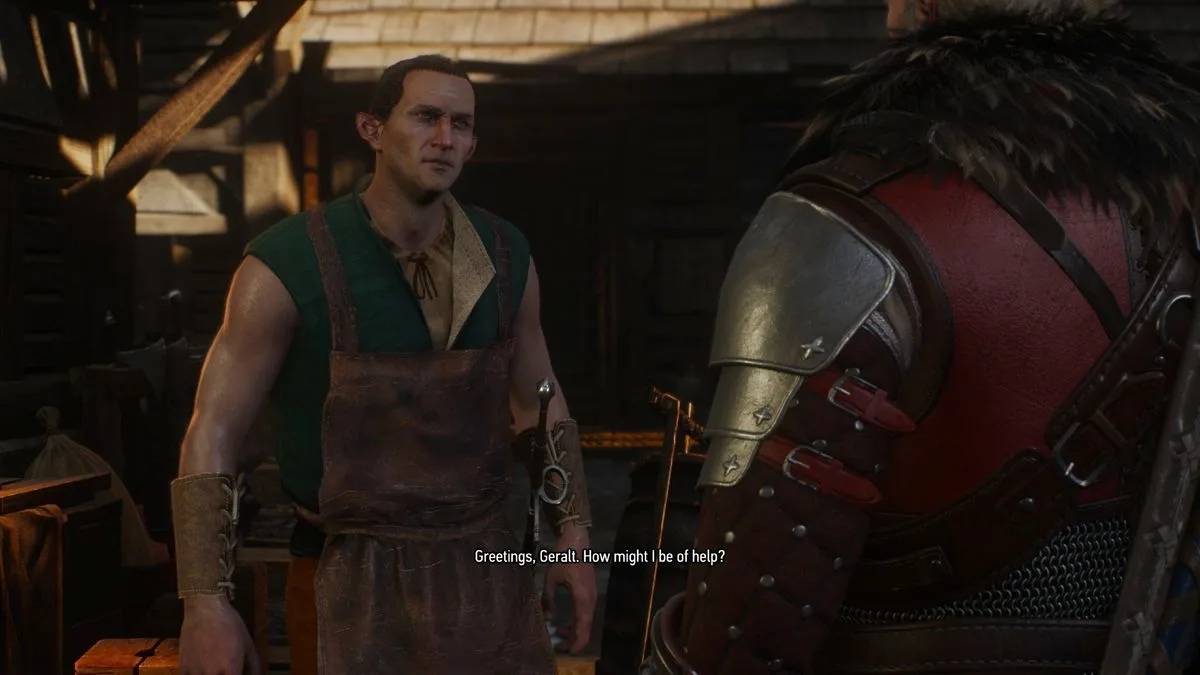 The Witcher 3 Remasteredben egy kovács áll Geralt előtt a műhelyben.