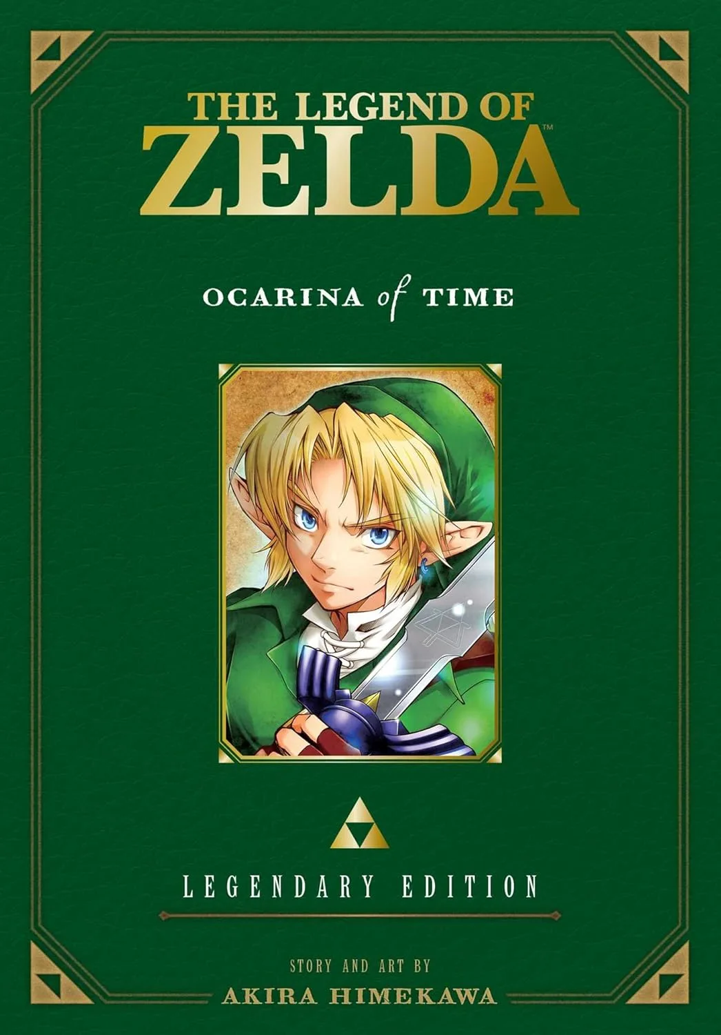 The Legend of Zelda: Ocarina of Time Legendary Edition zöld borítója Link arcképével.
