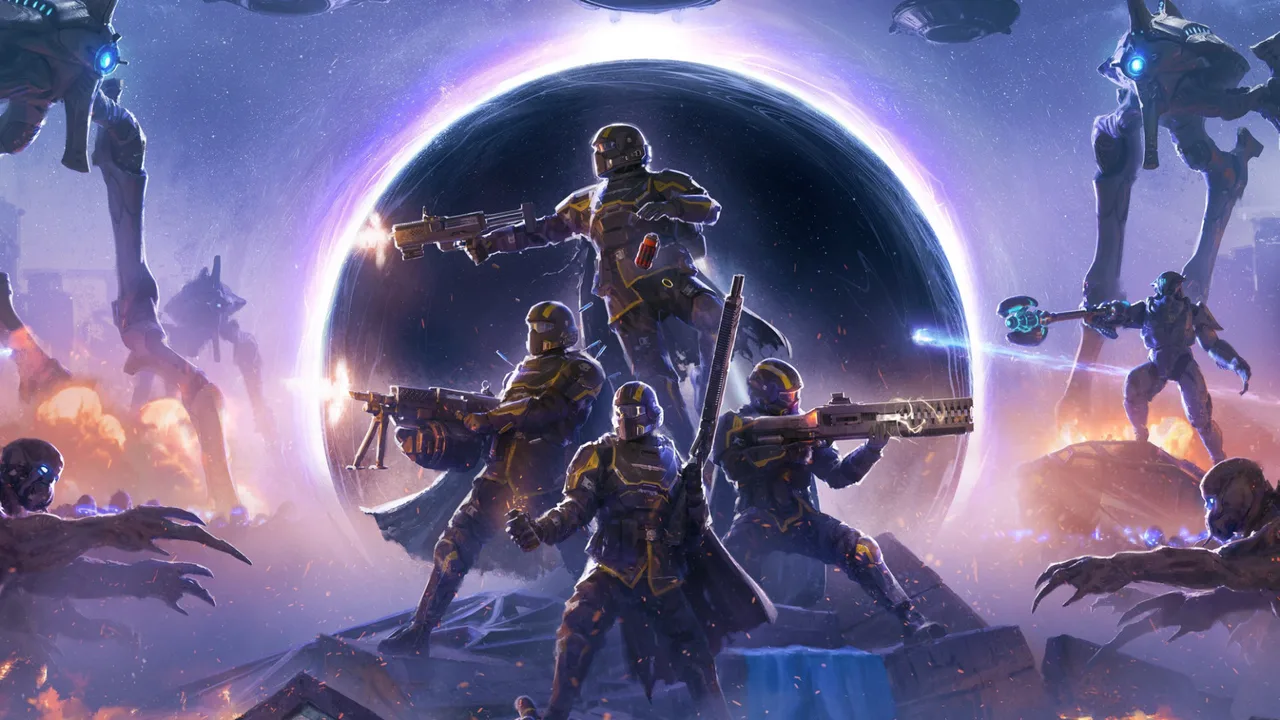 Helldivers katonák harcolnak egy hatalmas fénylő portál előtt, körülöttük idegen robotok támadnak.