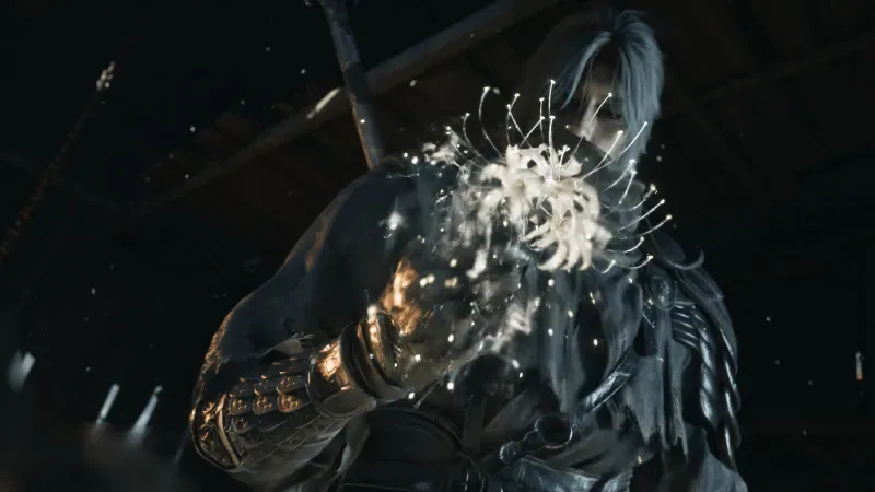 Phantom Blade Zero harcjelenetben egy fehér hajú harcos közelről támad egy ellenfelet.